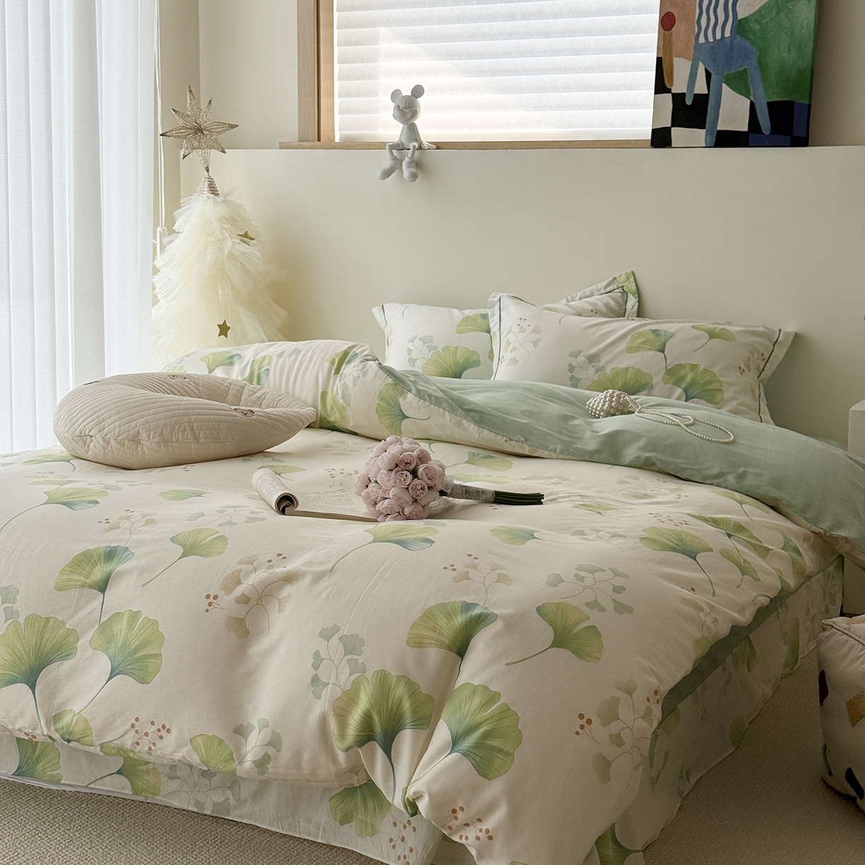 91家纺网 家纺一手货源 找家纺 于果 2025新款全棉13070四件套10） 青绿银杏