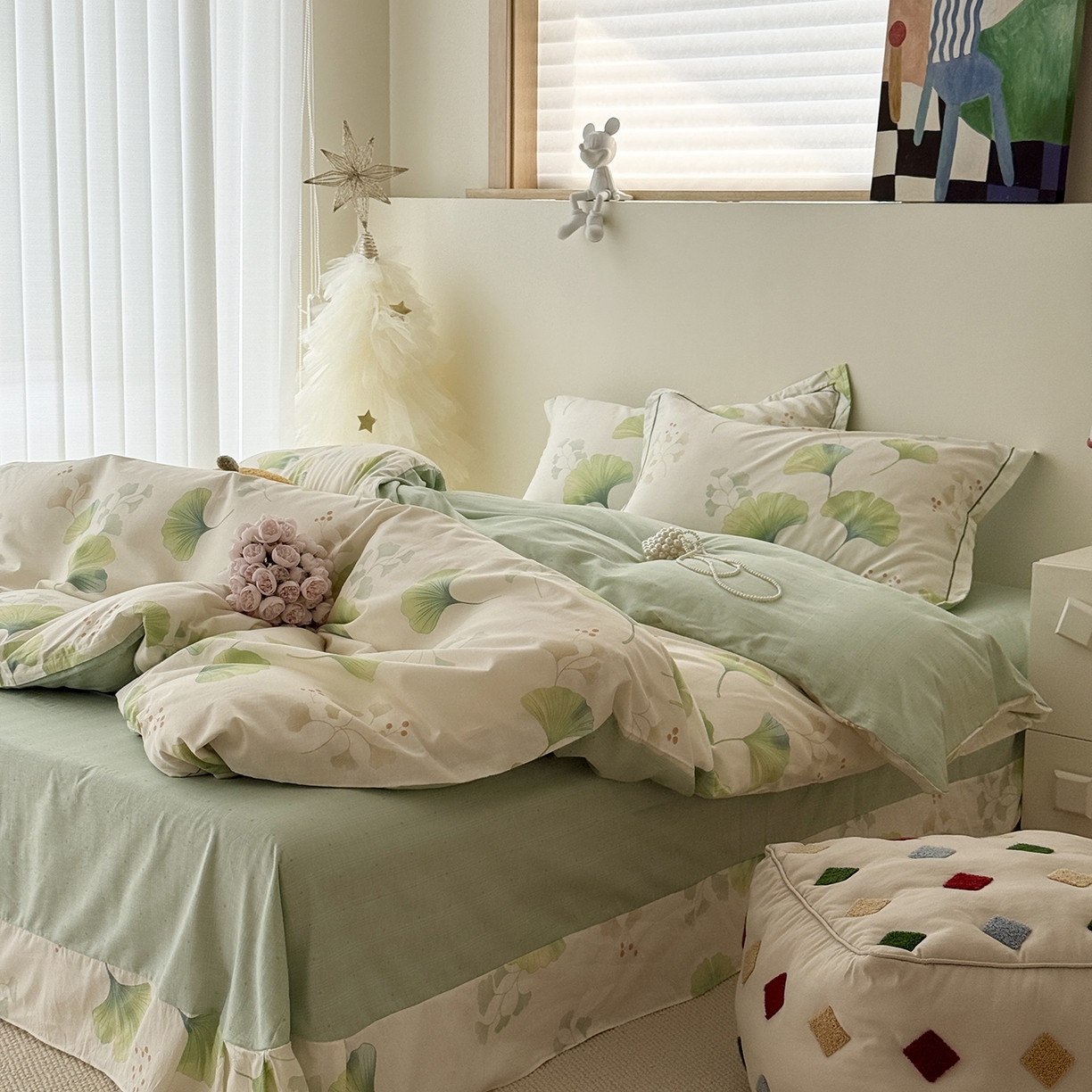 91家纺网 家纺一手货源 找家纺 于果 2025新款全棉13070四件套10） 青绿银杏