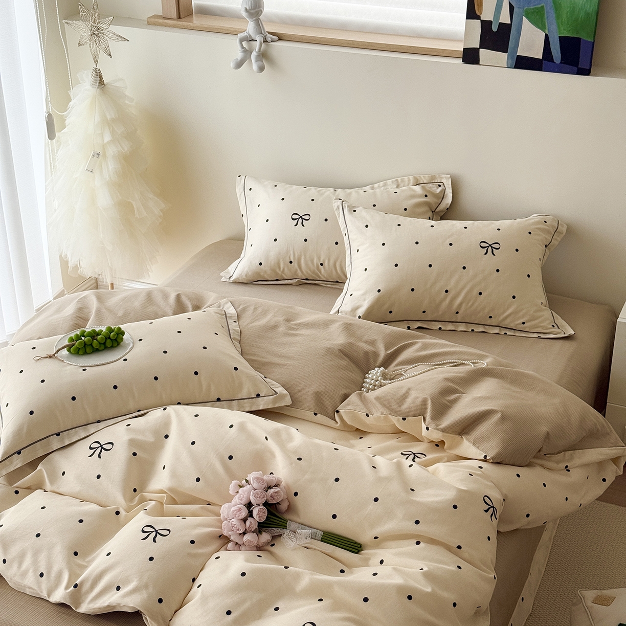 91家纺网 家纺一手货源 找家纺 于果 2025新款全棉13070四件套10） 波点蝴蝶结