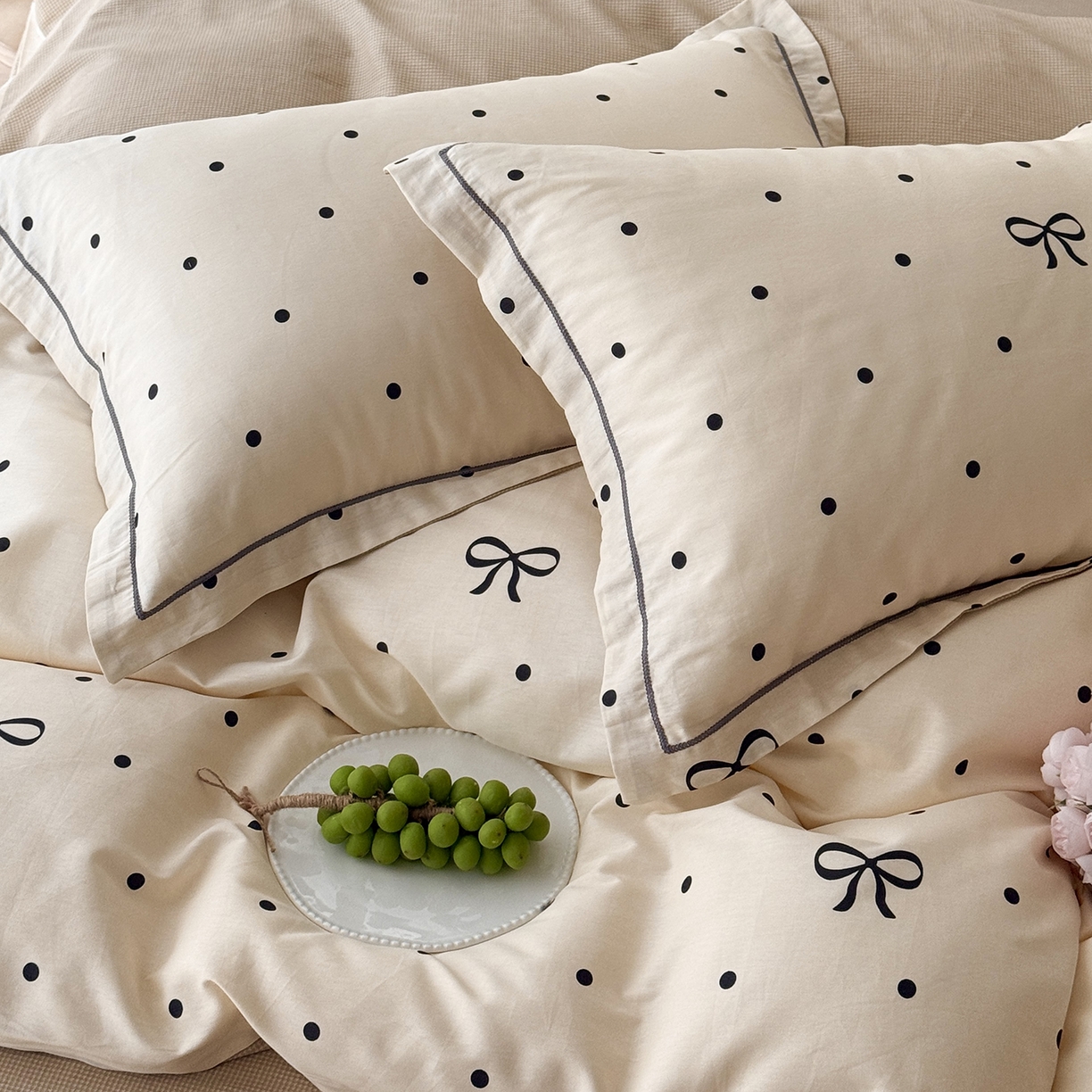 91家纺网 家纺一手货源 找家纺 于果 2025新款全棉13070四件套10） 波点蝴蝶结