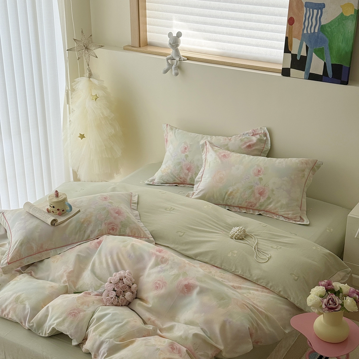 91家纺网 家纺一手货源 找家纺 于果 2025新款全棉13070四件套10） 薄荷玫瑰