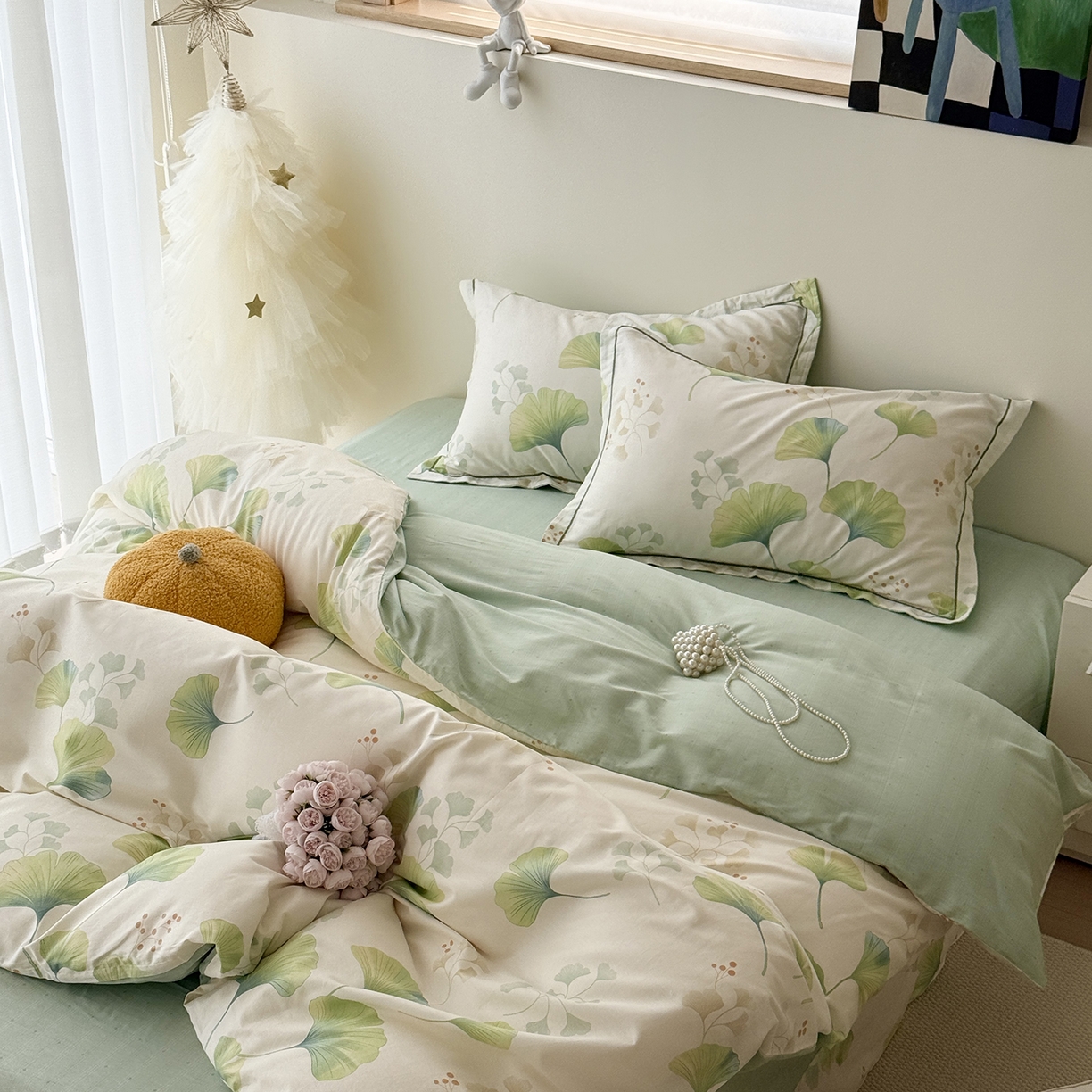 91家纺网 家纺一手货源 找家纺 于果 2025新款全棉13070四件套10） 青绿银杏