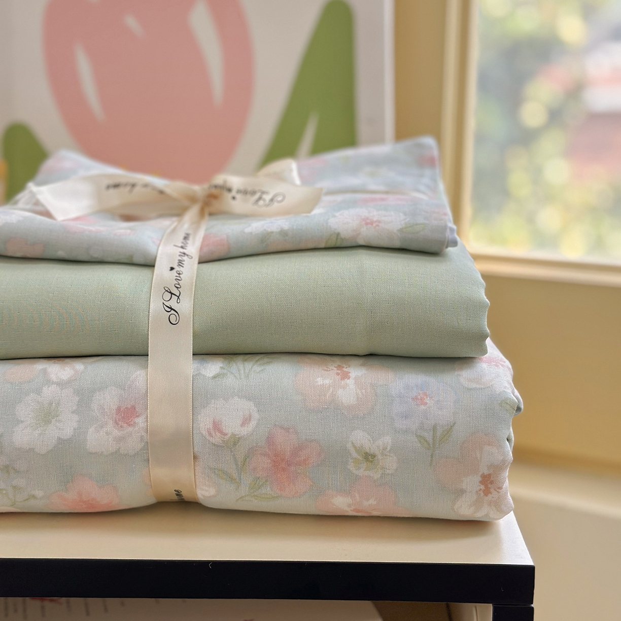 91家纺网 家纺一手货源 找家纺 麦伦 2025年新品 --全棉有氧双层纱简约款系列 花开半夏 绿