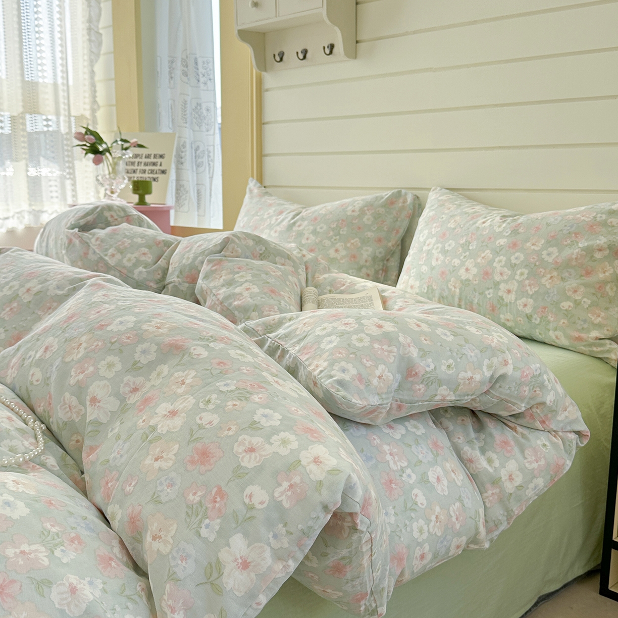 91家纺网 家纺一手货源 找家纺 麦伦 2025年新品 --全棉有氧双层纱简约款系列 花开半夏 绿