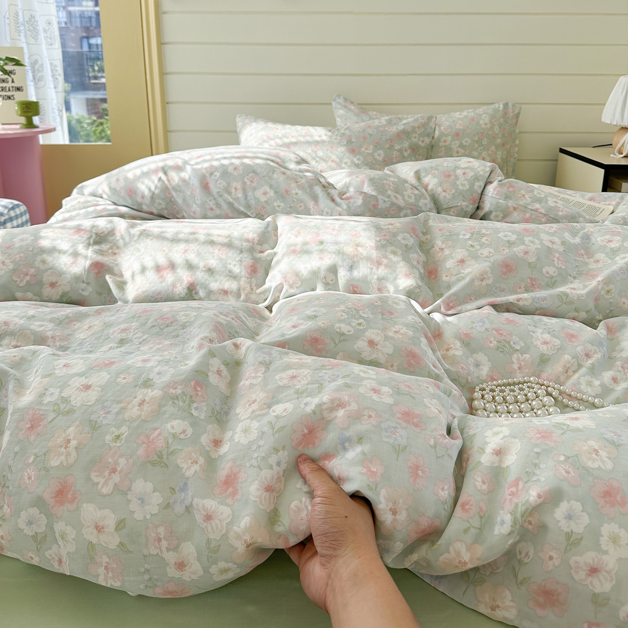 91家纺网 家纺一手货源 找家纺 麦伦 2025年新品 --全棉有氧双层纱简约款系列 花开半夏 绿