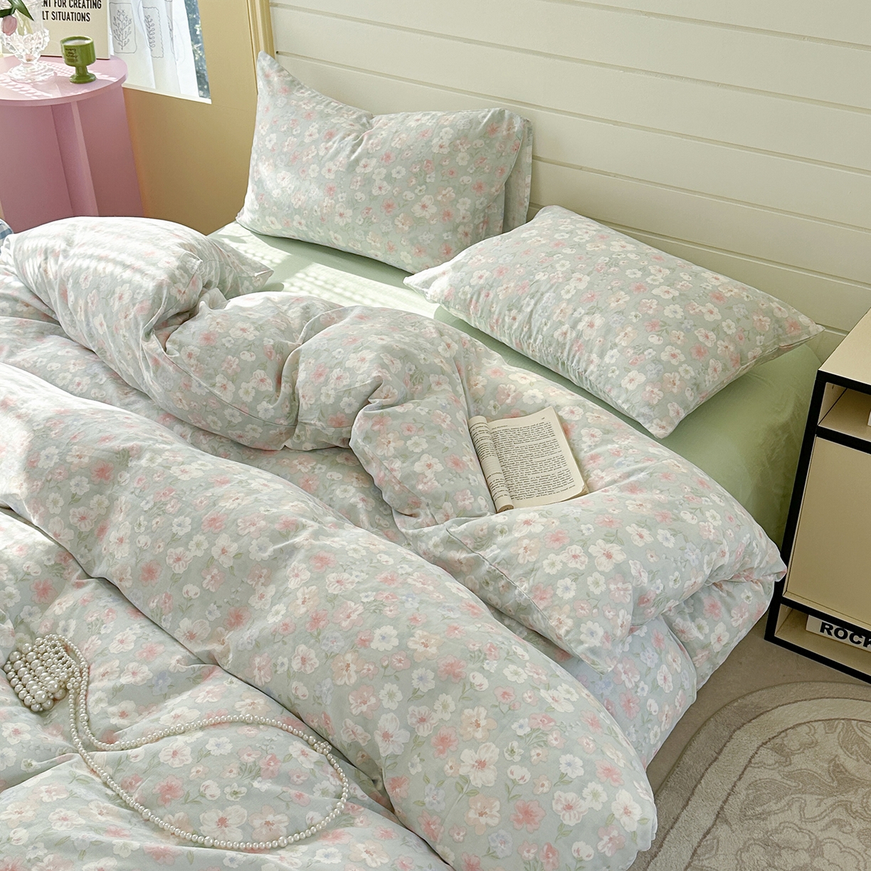 91家纺网 家纺一手货源 找家纺 麦伦 2025年新品 --全棉有氧双层纱简约款系列 花开半夏 绿