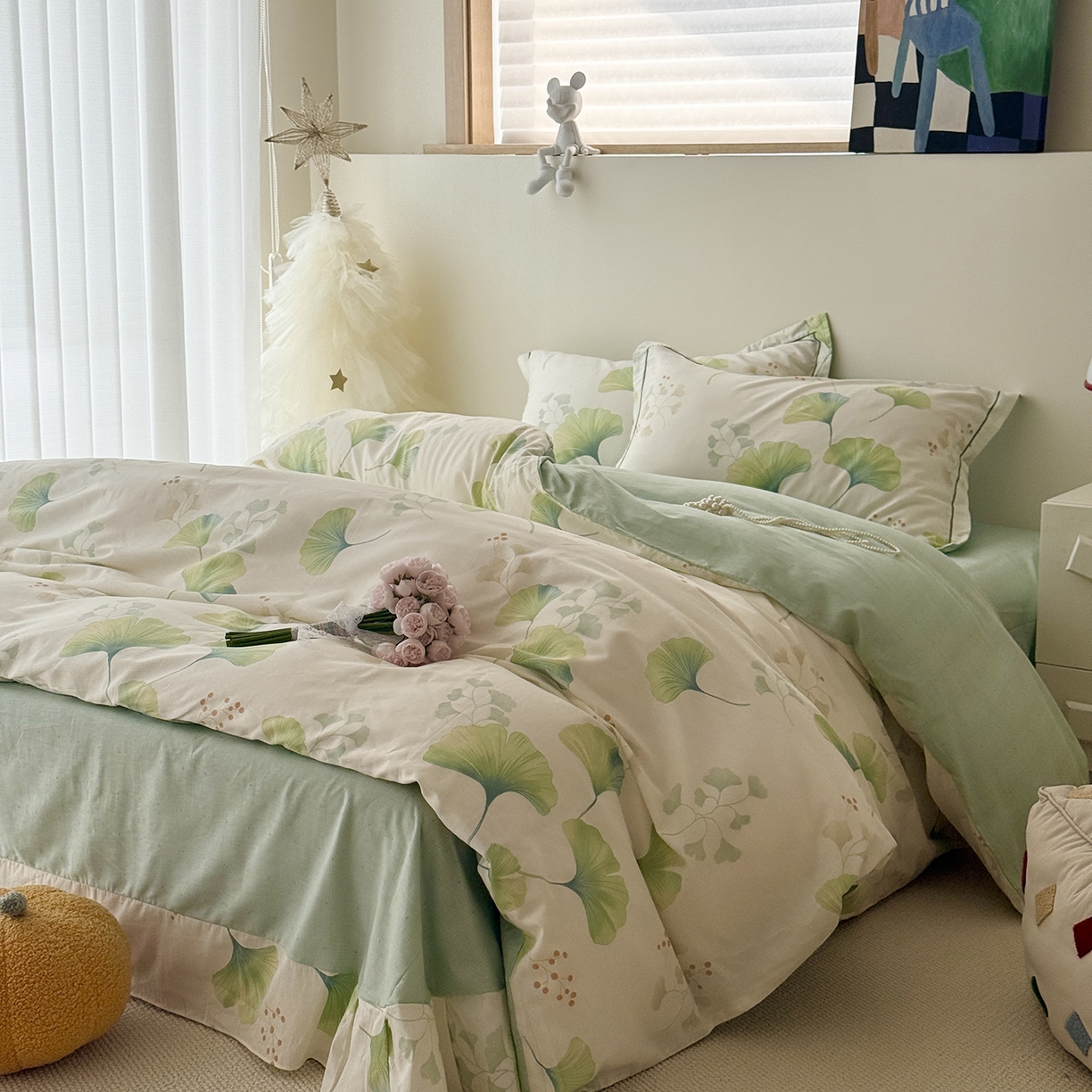 91家纺网 家纺一手货源 找家纺 于果 2025新款全棉13070四件套10） 青绿银杏