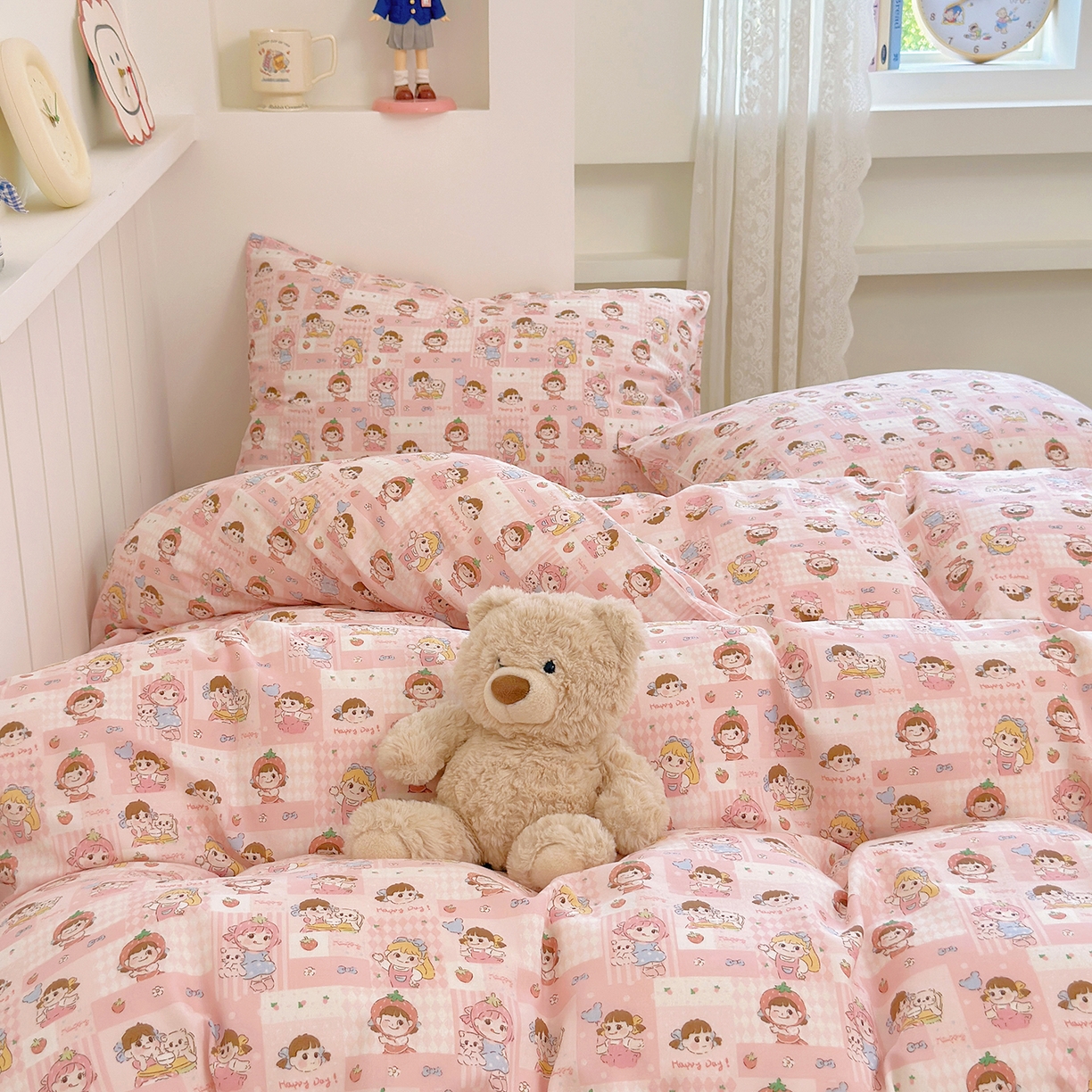 91家纺网 家纺一手货源 找家纺 麦伦 2025年新品 --全棉有氧双层纱简约款系列 棒棒糖女孩