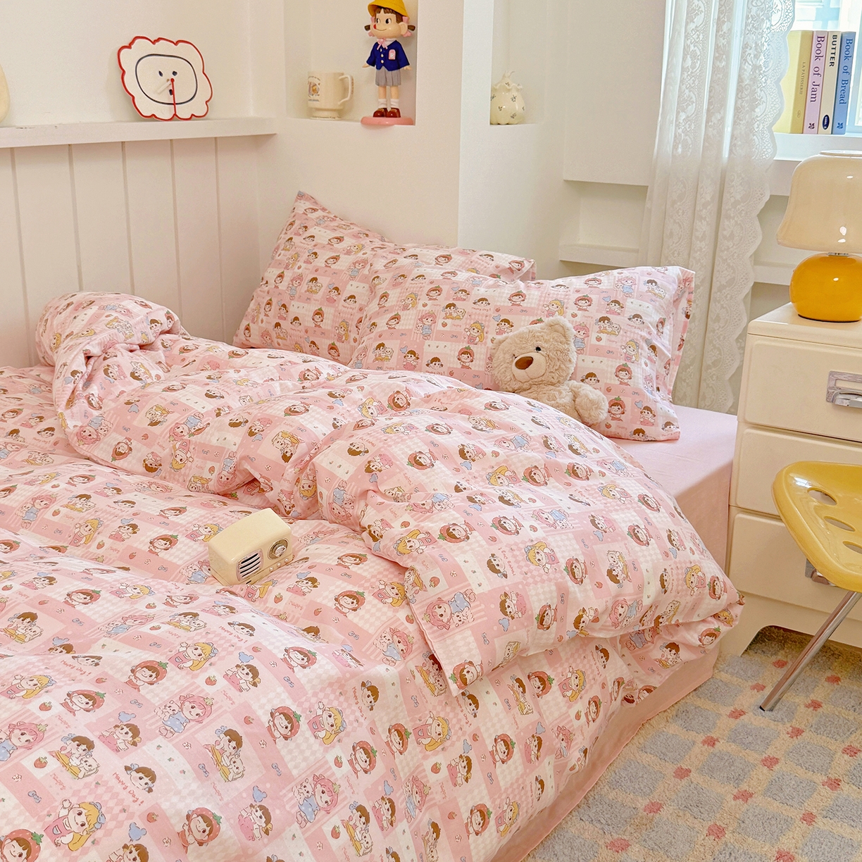 91家纺网 家纺一手货源 找家纺 麦伦 2025年新品 --全棉有氧双层纱简约款系列 棒棒糖女孩