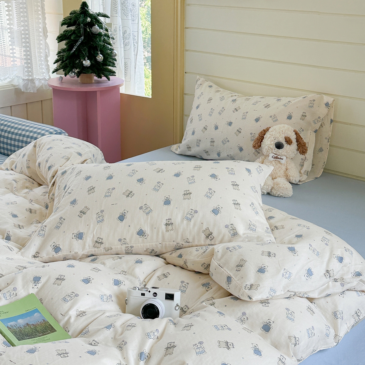 91家纺网 家纺一手货源 找家纺 麦伦 2025年新品 --全棉有氧双层纱简约款系列 蓝仔熊