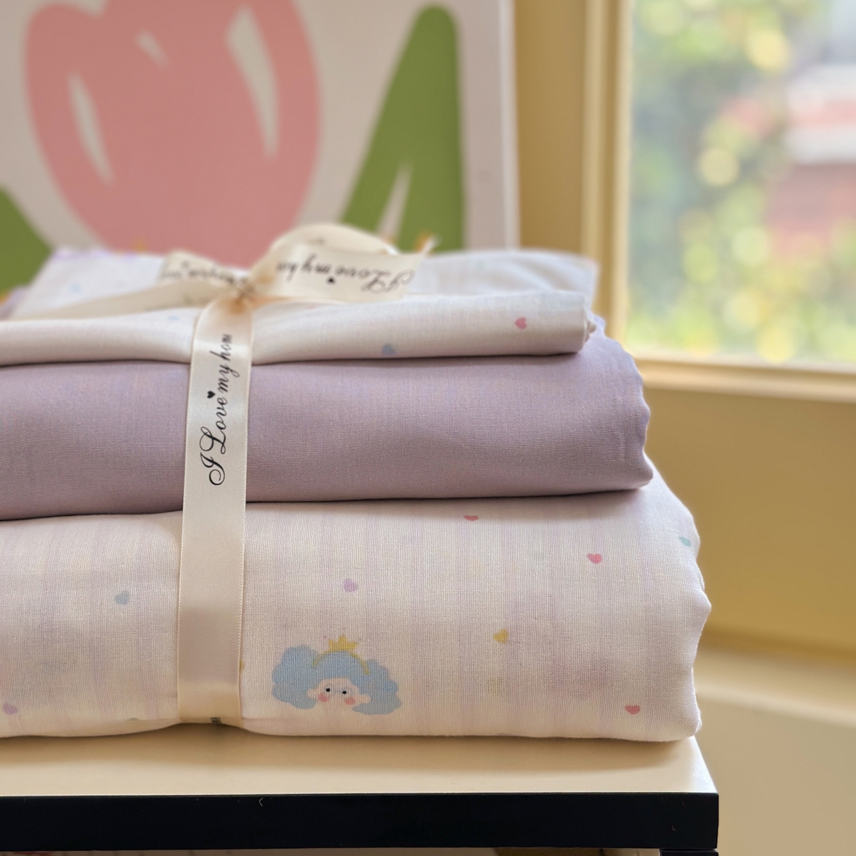 91家纺网 家纺一手货源 找家纺 麦伦 2025年新品 --全棉有氧双层纱简约款系列 派对甜心