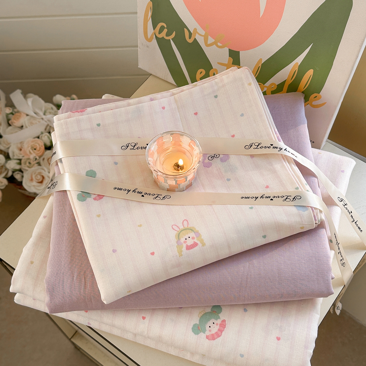 91家纺网 家纺一手货源 找家纺 麦伦 2025年新品 --全棉有氧双层纱简约款系列 派对甜心