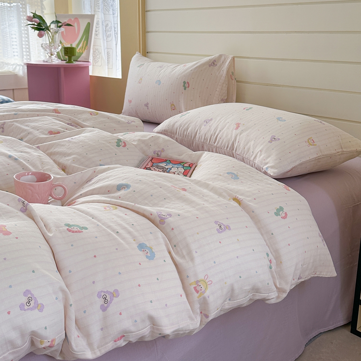 91家纺网 家纺一手货源 找家纺 麦伦 2025年新品 --全棉有氧双层纱简约款系列 派对甜心