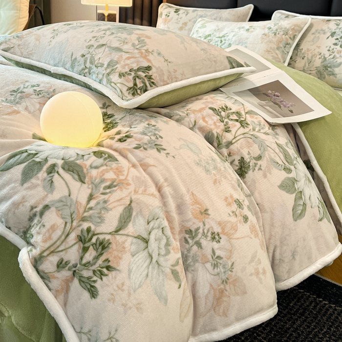 诺梵家纺 2025新款牛奶绒印花包边四件套 芬芳-绿