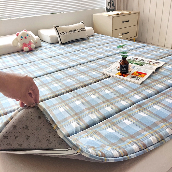 91家纺网 家纺一手货源 找家纺 玉清坊 2025新款水洗棉新疆棉花床垫 雅致格-蓝