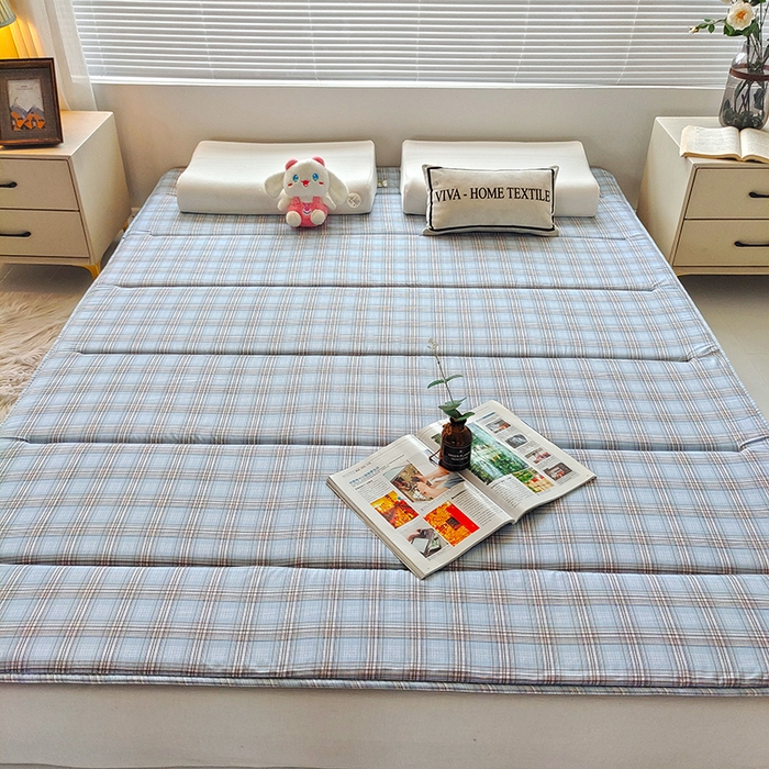 91家纺网 家纺一手货源 找家纺 玉清坊 2025新款水洗棉新疆棉花床垫 雅致格-蓝灰