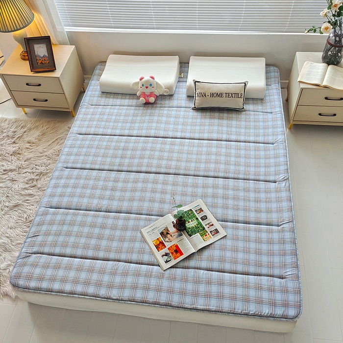 91家纺网 家纺一手货源 找家纺 玉清坊 2025新款水洗棉新疆棉花床垫 雅致格-蓝灰