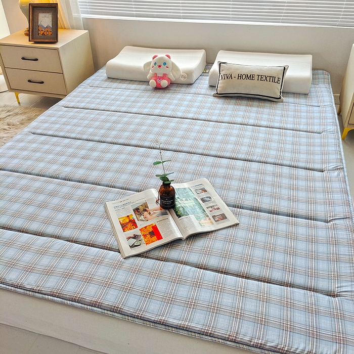 91家纺网 家纺一手货源 找家纺 玉清坊 2025新款水洗棉新疆棉花床垫 雅致格-蓝灰