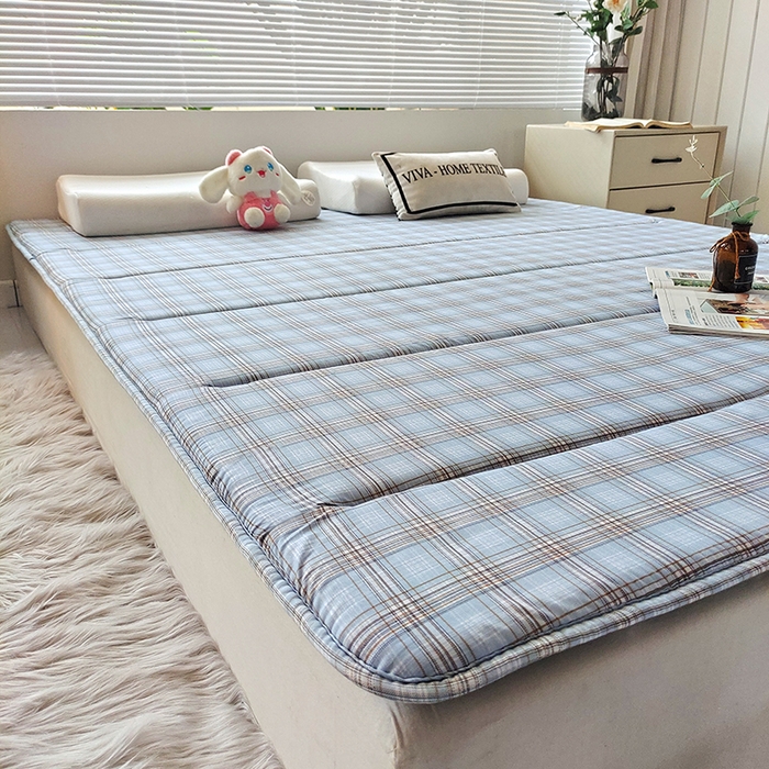 91家纺网 家纺一手货源 找家纺 玉清坊 2025新款水洗棉新疆棉花床垫 雅致格-蓝灰