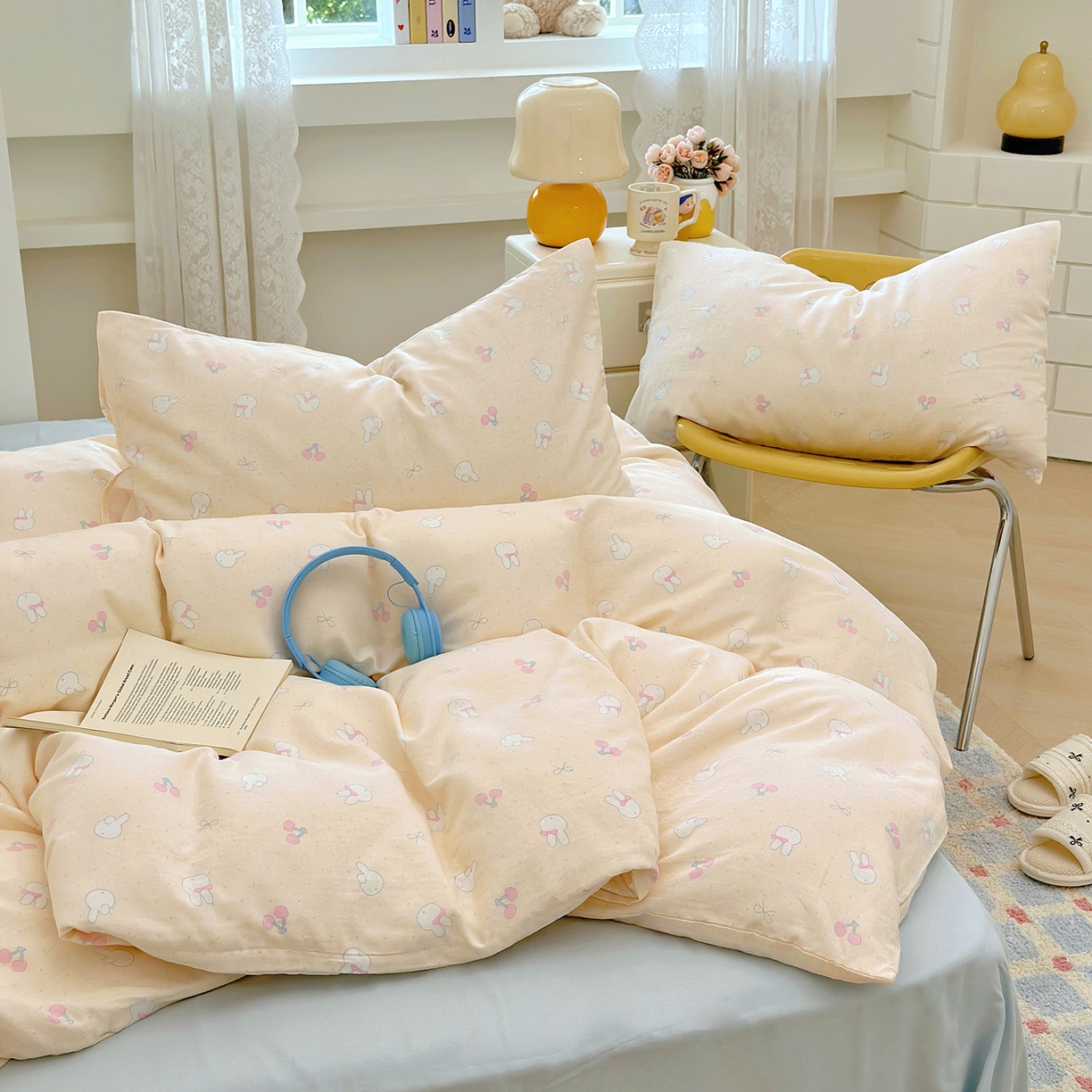 91家纺网 家纺一手货源 找家纺 麦伦 2025年新品 --全棉有氧双层纱简约款系列 兔小白（米）