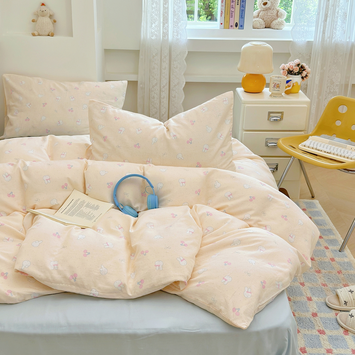 91家纺网 家纺一手货源 找家纺 麦伦 2025年新品 --全棉有氧双层纱简约款系列 兔小白（米）