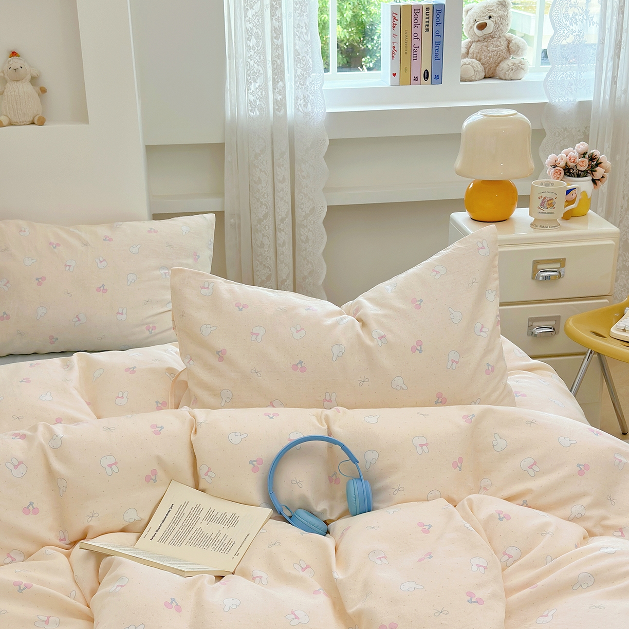 91家纺网 家纺一手货源 找家纺 麦伦 2025年新品 --全棉有氧双层纱简约款系列 兔小白（米）