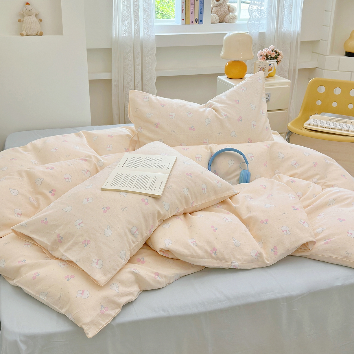 91家纺网 家纺一手货源 找家纺 麦伦 2025年新品 --全棉有氧双层纱简约款系列 兔小白（米）