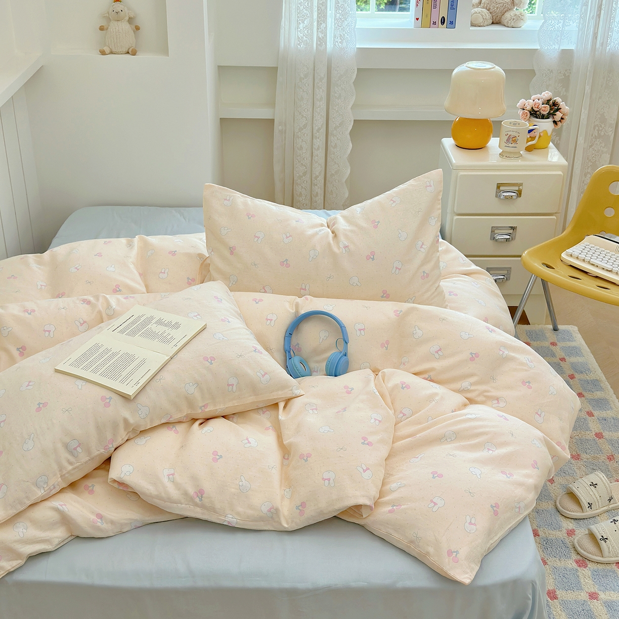 91家纺网 家纺一手货源 找家纺 麦伦 2025年新品 --全棉有氧双层纱简约款系列 兔小白（米）