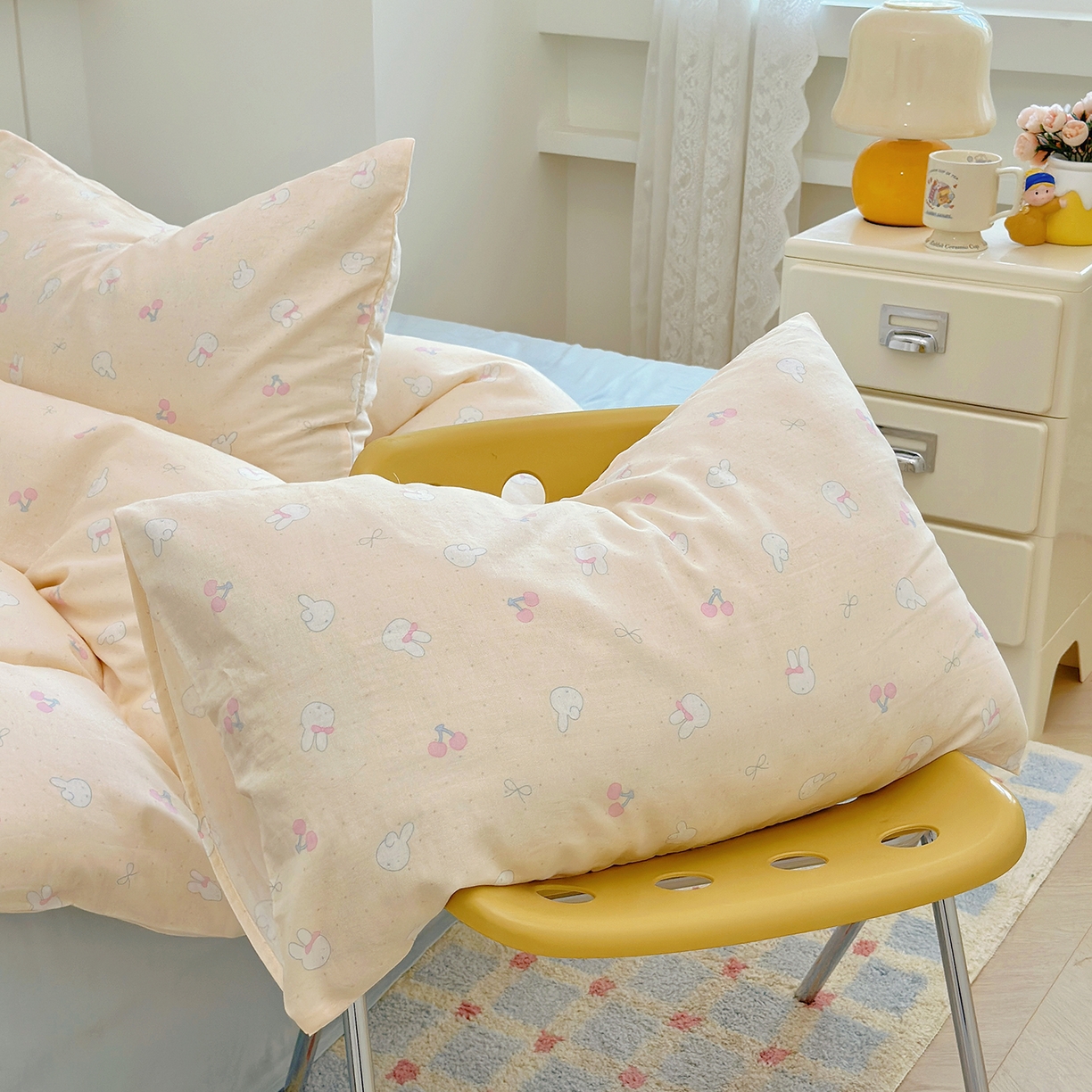 91家纺网 家纺一手货源 找家纺 麦伦 2025年新品 --全棉有氧双层纱简约款系列 兔小白（米）