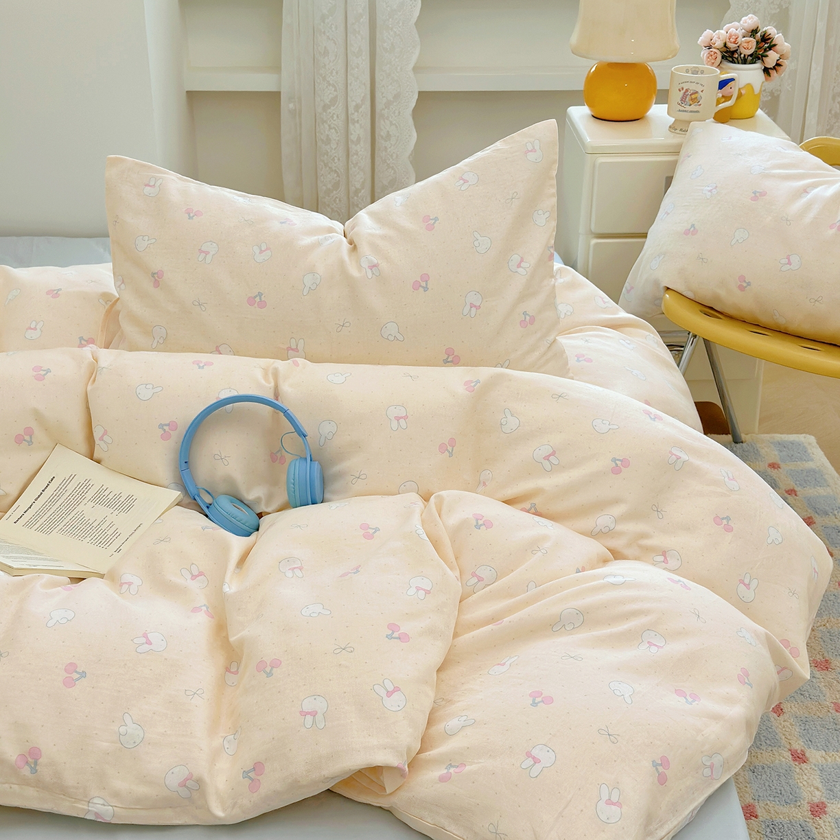 91家纺网 家纺一手货源 找家纺 麦伦 2025年新品 --全棉有氧双层纱简约款系列 兔小白（米）