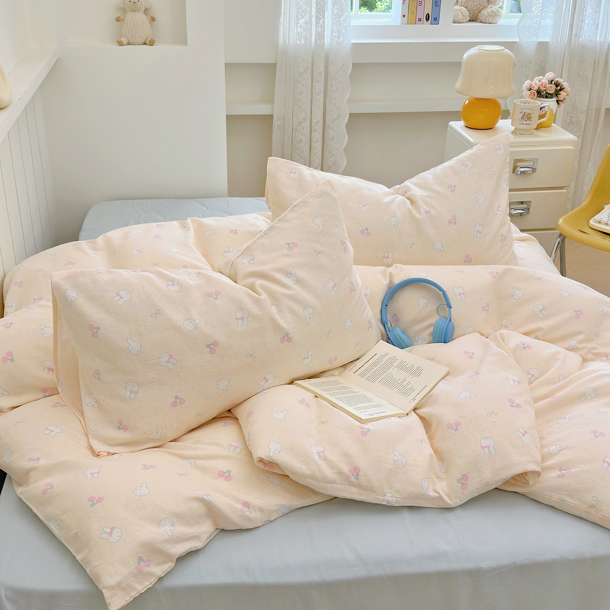 91家纺网 家纺一手货源 找家纺 麦伦 2025年新品 --全棉有氧双层纱简约款系列 兔小白（米）