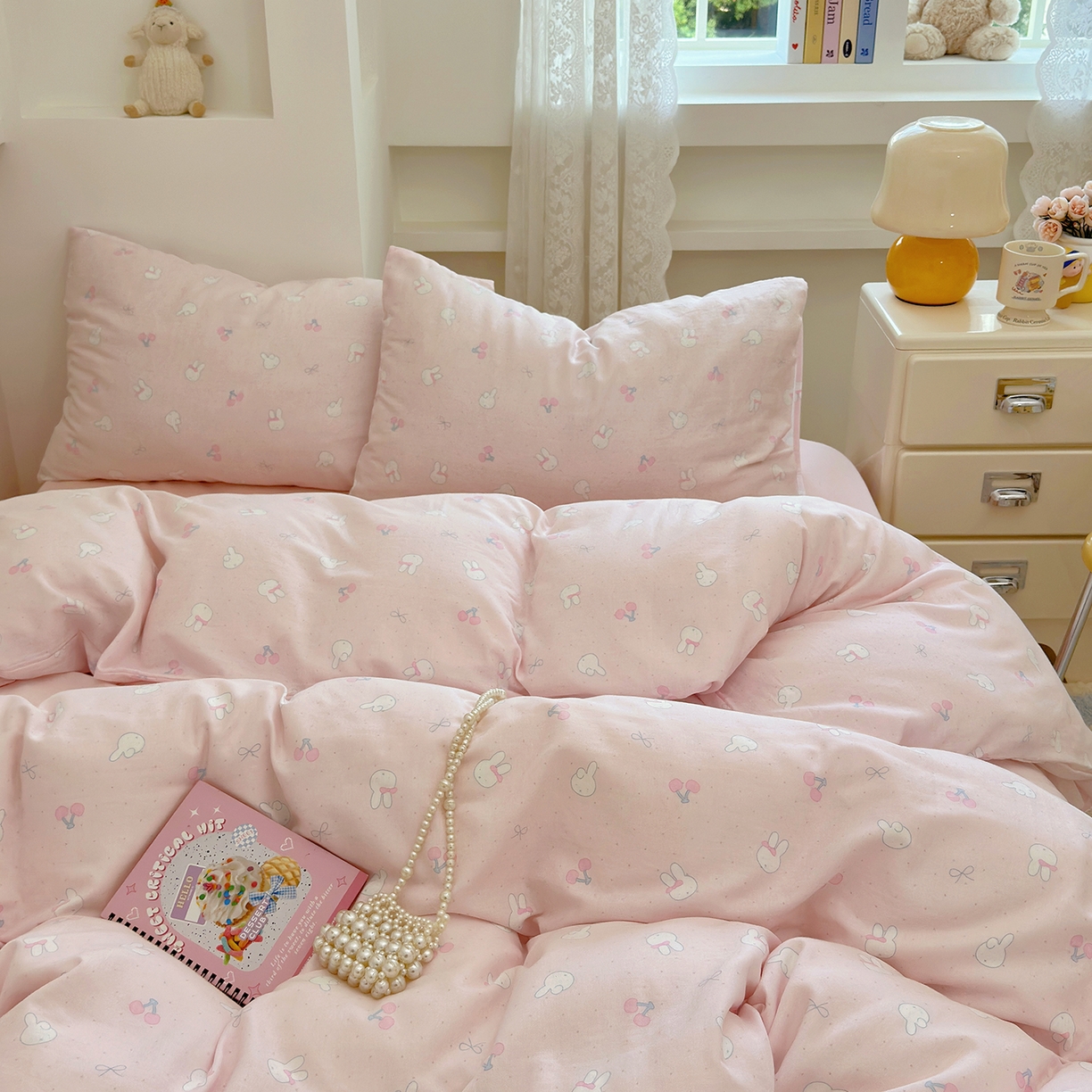 91家纺网 家纺一手货源 找家纺 麦伦 2025年新品 --全棉有氧双层纱简约款系列 兔小白-粉