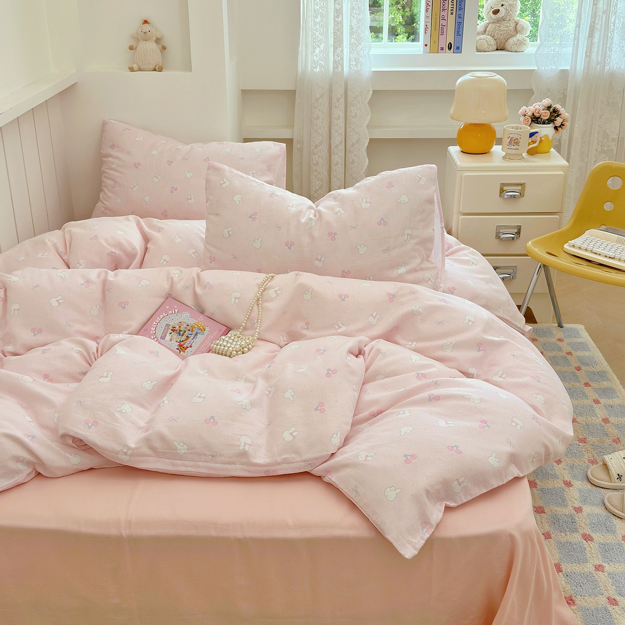 91家纺网 家纺一手货源 找家纺 麦伦 2025年新品 --全棉有氧双层纱简约款系列 兔小白-粉