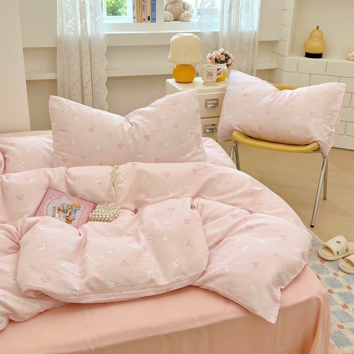 91家纺网 家纺一手货源 找家纺 麦伦 2025年新品 --全棉有氧双层纱简约款系列 兔小白-粉