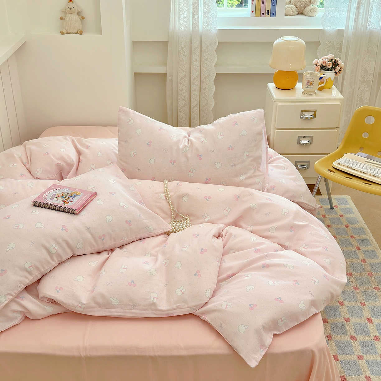 91家纺网 家纺一手货源 找家纺 麦伦 2025年新品 --全棉有氧双层纱简约款系列 兔小白-粉