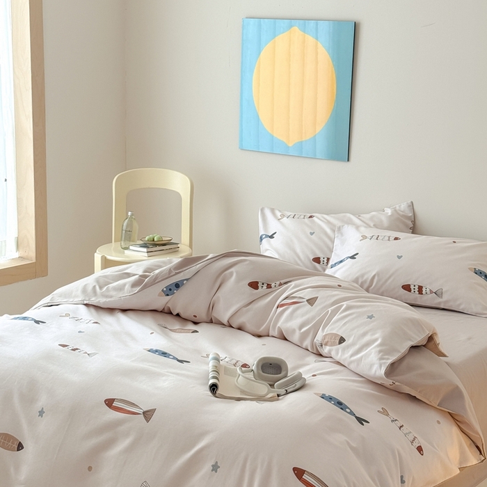 91家纺网 家纺一手货源 找家纺 窝米 2025新款全棉纯棉火山磨毛卡通系列四件套-第一组 渔趣