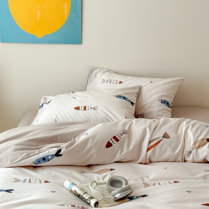 91家纺网 家纺一手货源 找家纺 窝米 2025新款全棉纯棉火山磨毛卡通系列四件套-第一组 渔趣