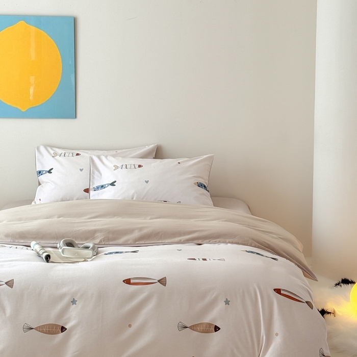 91家纺网 家纺一手货源 找家纺 窝米 2025新款全棉纯棉火山磨毛卡通系列四件套-第一组 渔趣