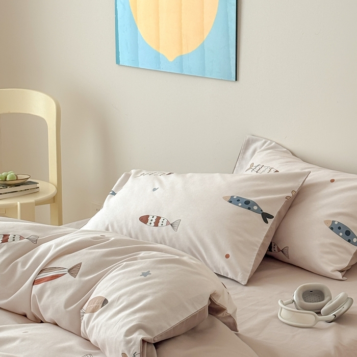 91家纺网 家纺一手货源 找家纺 窝米 2025新款全棉纯棉火山磨毛卡通系列四件套-第一组 渔趣