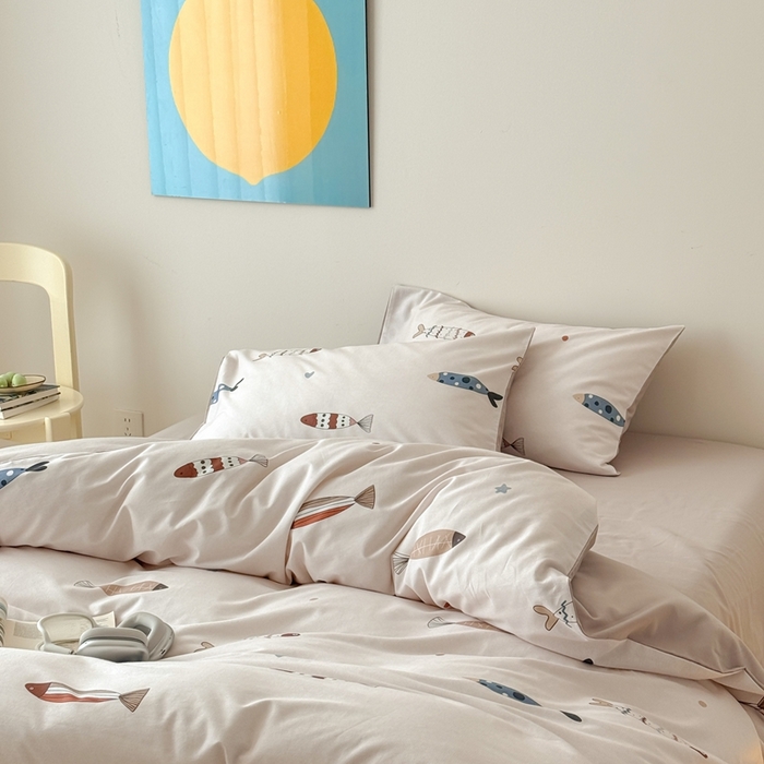 91家纺网 家纺一手货源 找家纺 窝米 2025新款全棉纯棉火山磨毛卡通系列四件套-第一组 渔趣