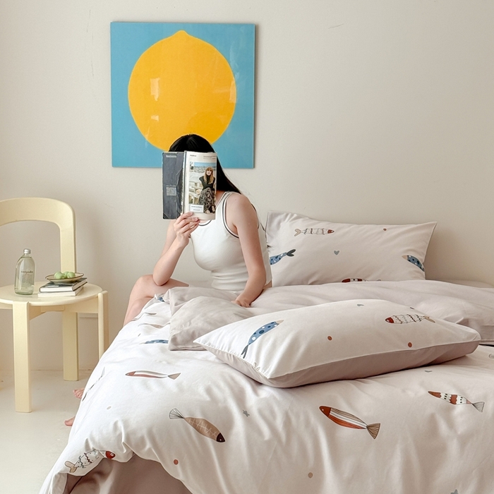 91家纺网 家纺一手货源 找家纺 窝米 2025新款全棉纯棉火山磨毛卡通系列四件套-第一组 渔趣