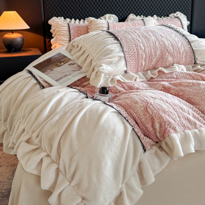 91家纺网 家纺一手货源 找家纺 （总）极简 2025新款立体雕花牛奶绒荷叶边四件套