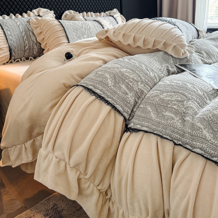 91家纺网 家纺一手货源 找家纺 （总）极简 2025新款立体雕花牛奶绒荷叶边四件套