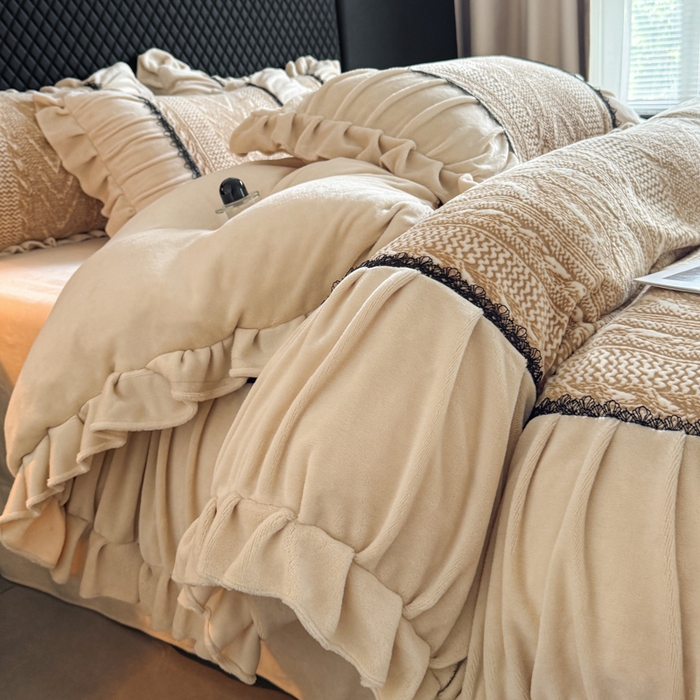 91家纺网 家纺一手货源 找家纺 （总）极简 2025新款立体雕花牛奶绒荷叶边四件套