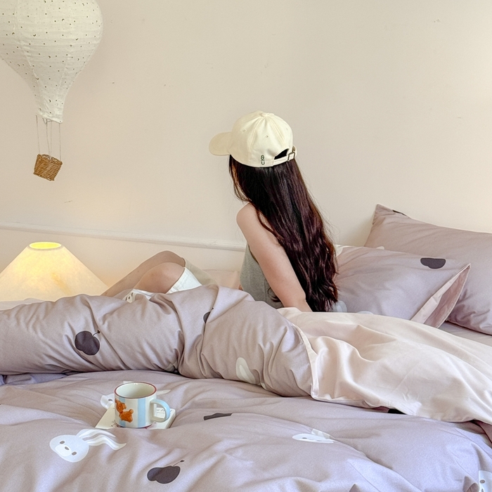 91家纺网 家纺一手货源 找家纺 窝米 2025新款全棉纯棉火山磨毛卡通系列四件套-第二组 布丁兔