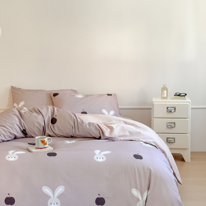 91家纺网 家纺一手货源 找家纺 窝米 2025新款全棉纯棉火山磨毛卡通系列四件套-第二组 布丁兔