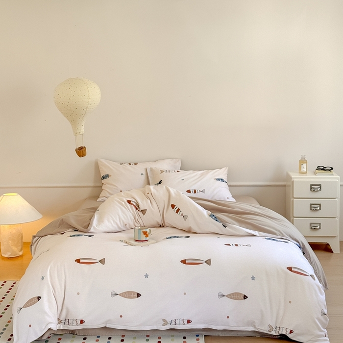 窝米 2025新款全棉纯棉火山磨毛卡通系列四件套-第二组 渔趣