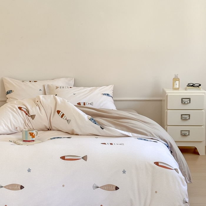 91家纺网 家纺一手货源 找家纺 窝米 2025新款全棉纯棉火山磨毛卡通系列四件套-第二组 渔趣