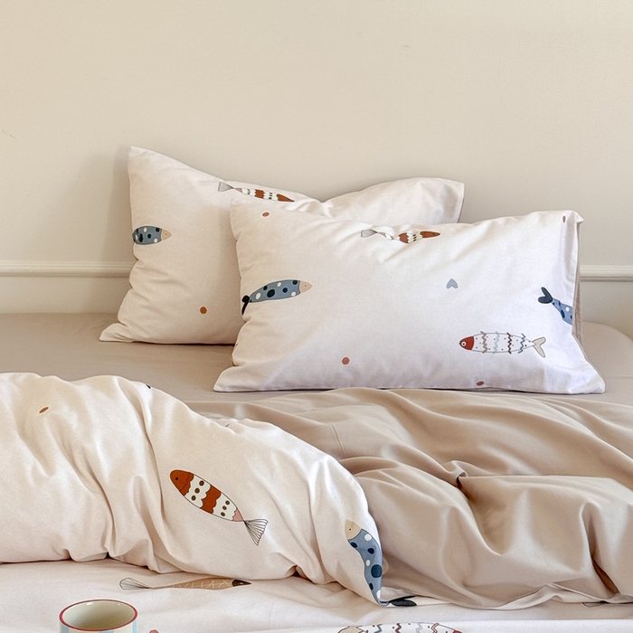 91家纺网 家纺一手货源 找家纺 窝米 2025新款全棉纯棉火山磨毛卡通系列四件套-第二组 渔趣