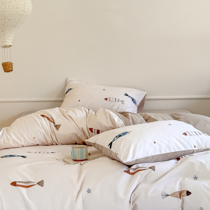 91家纺网 家纺一手货源 找家纺 窝米 2025新款全棉纯棉火山磨毛卡通系列四件套-第二组 渔趣